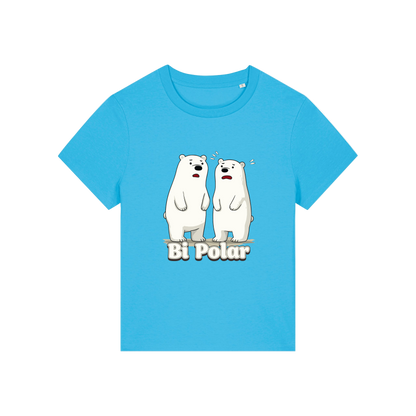 blue funny animal t-shirt with cartoon polar bears and the slogan 'Bi Polar' 