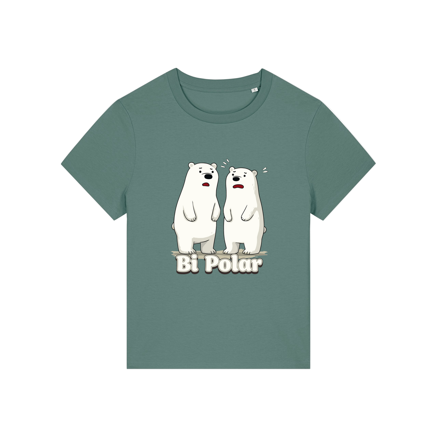 green funny animal t-shirt with cartoon polar bears and the slogan 'Bi Polar' 