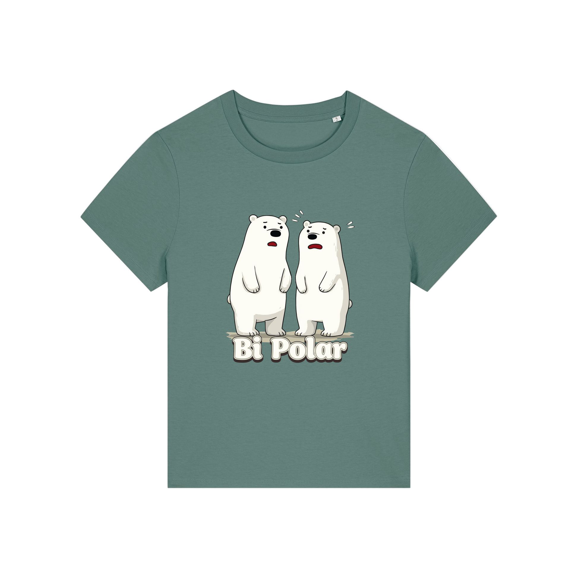green funny animal t-shirt with cartoon polar bears and the slogan 'Bi Polar' 