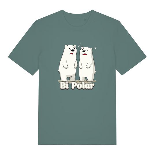 green women's funny animal t-shirt with the graphic of two polar bears and the slogan 'bi polar'