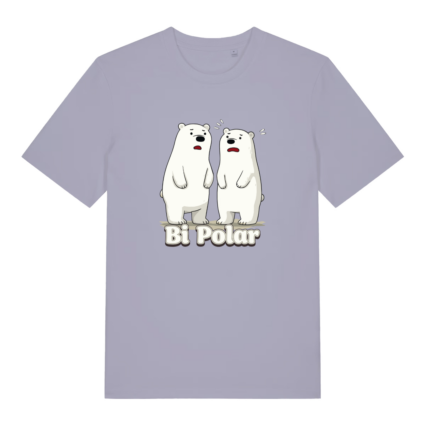 lavender women's funny animal t-shirt with the graphic of two polar bears and the slogan 'bi polar'