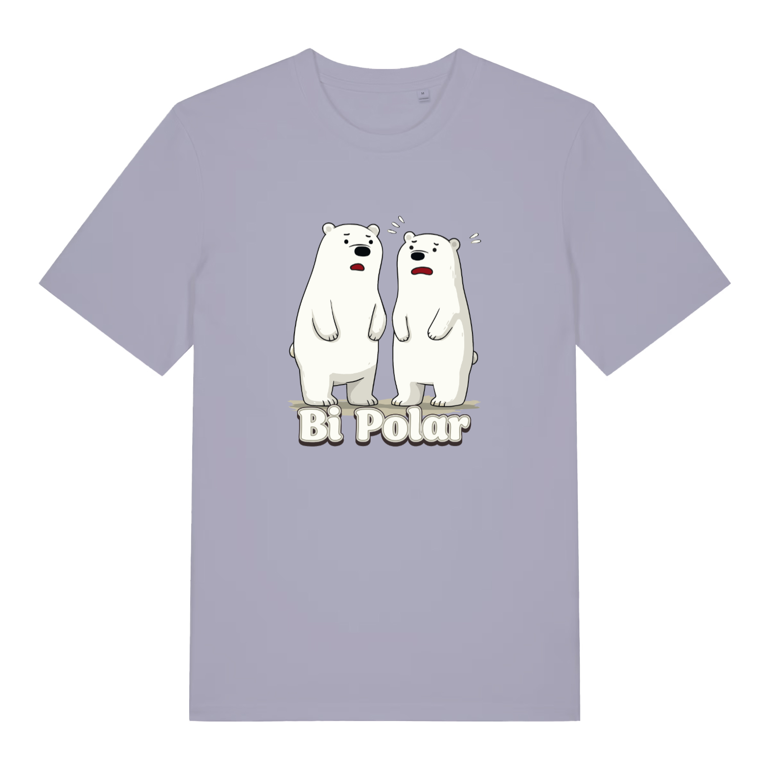 lavender women's funny animal t-shirt with the graphic of two polar bears and the slogan 'bi polar'