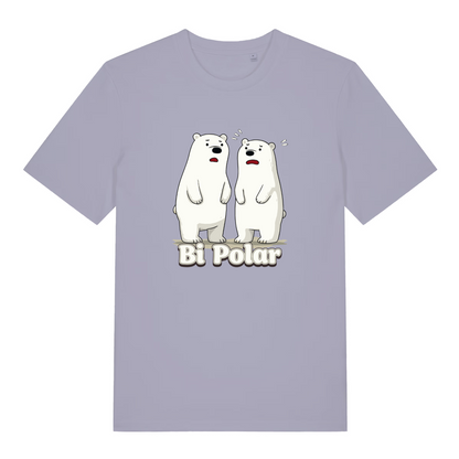 lavender women's funny animal t-shirt with the graphic of two polar bears and the slogan 'bi polar'