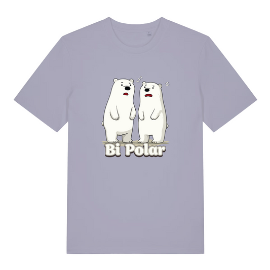 lavender women's funny animal t-shirt with the graphic of two polar bears and the slogan 'bi polar'
