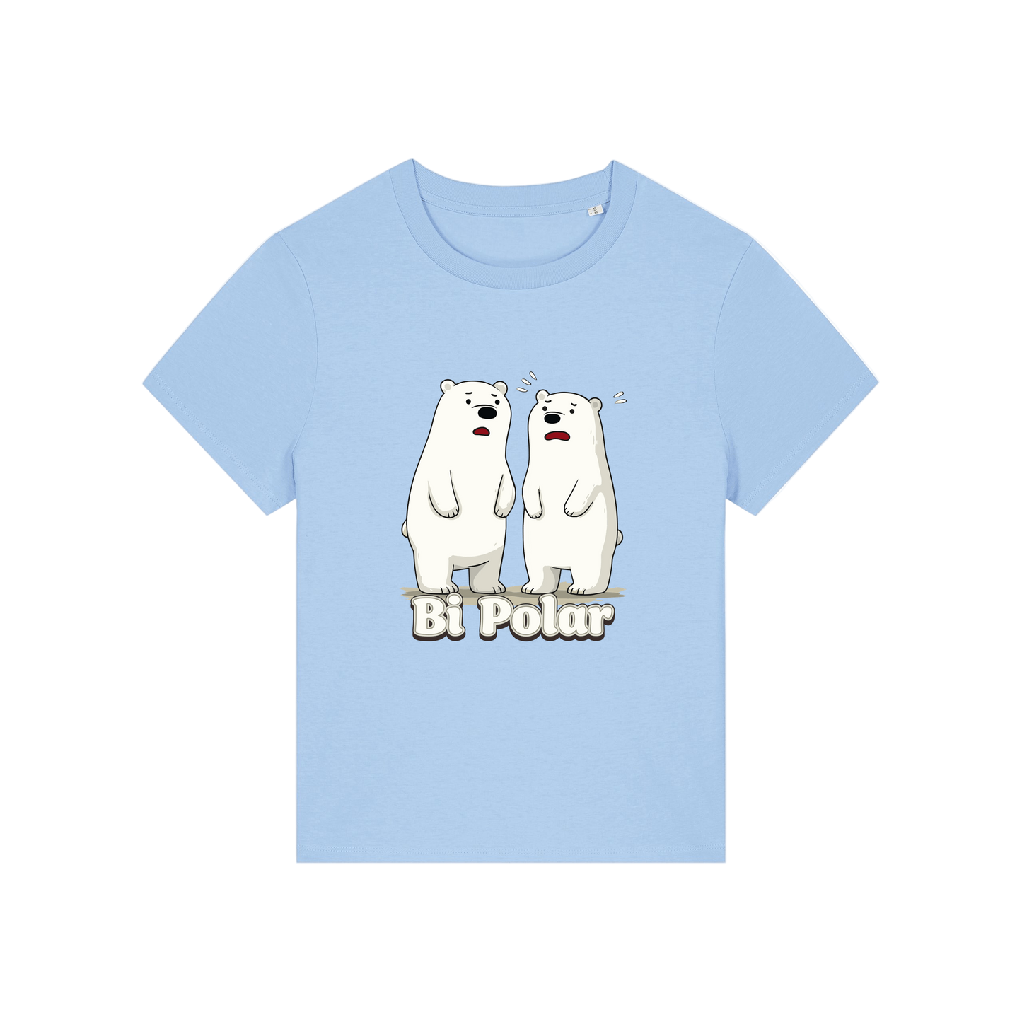 light blue funny animal t-shirt with cartoon polar bears and the slogan 'Bi Polar' 