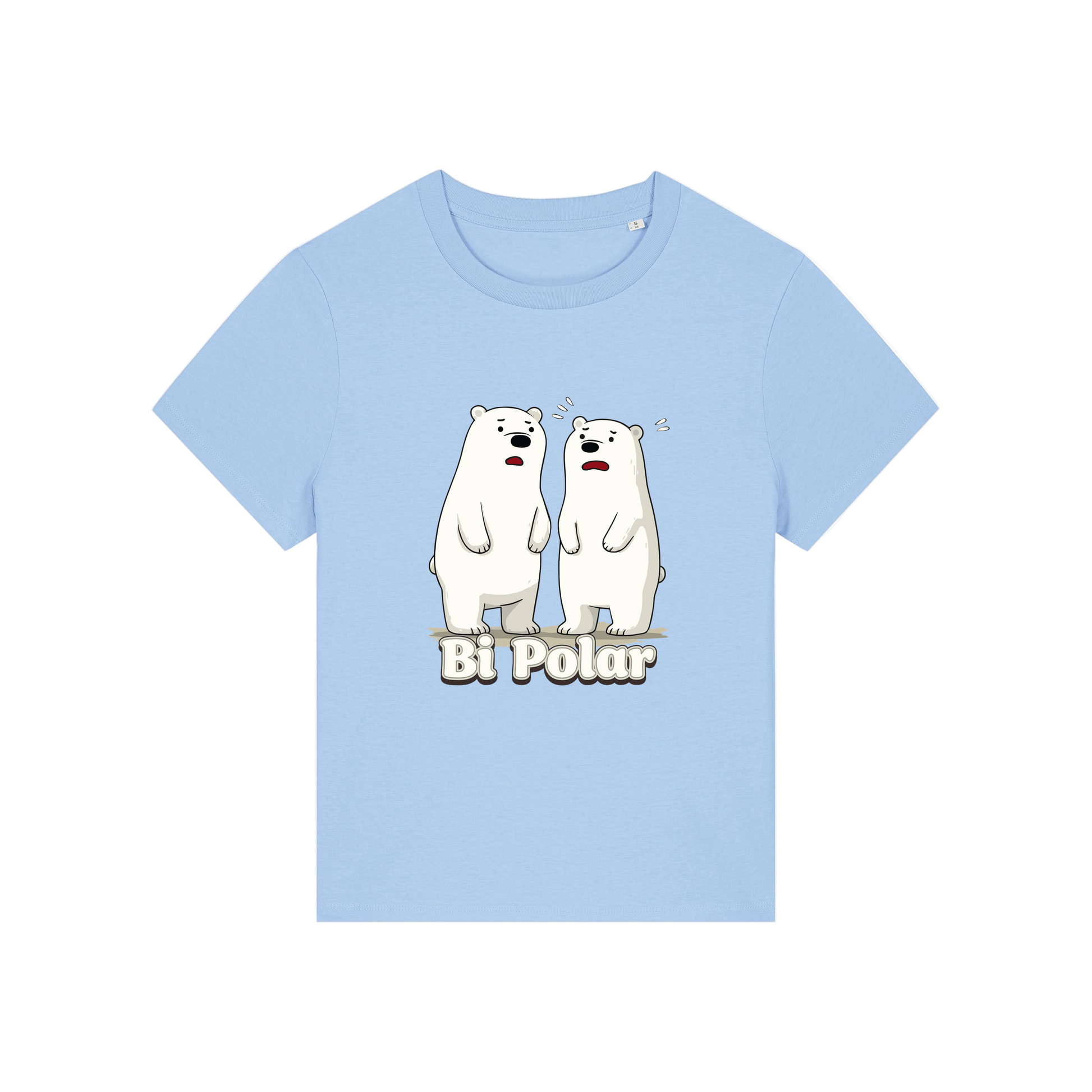 light blue funny animal t-shirt with cartoon polar bears and the slogan 'Bi Polar' 