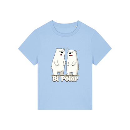 light blue funny animal t-shirt with cartoon polar bears and the slogan 'Bi Polar' 