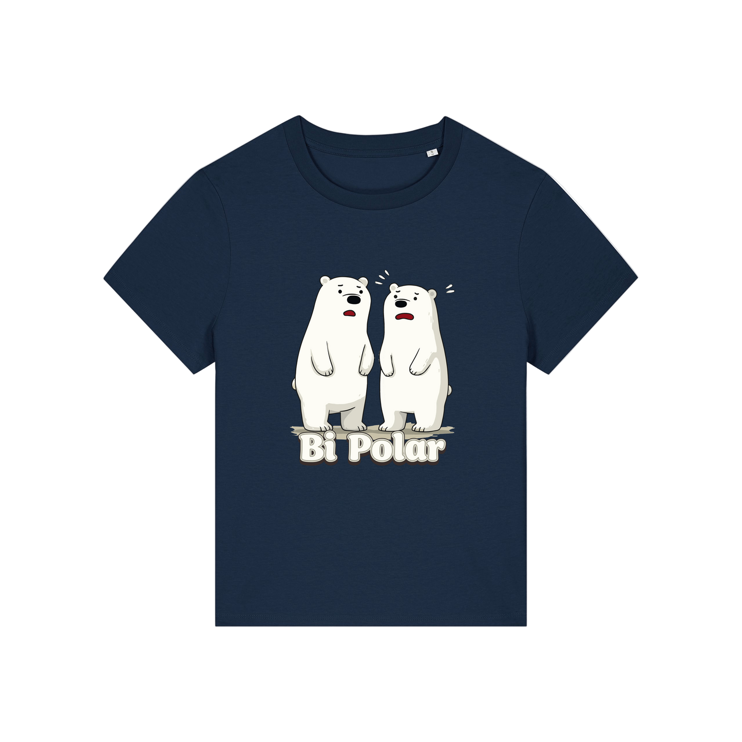 navy funny animal t-shirt with cartoon polar bears and the slogan 'Bi Polar' 