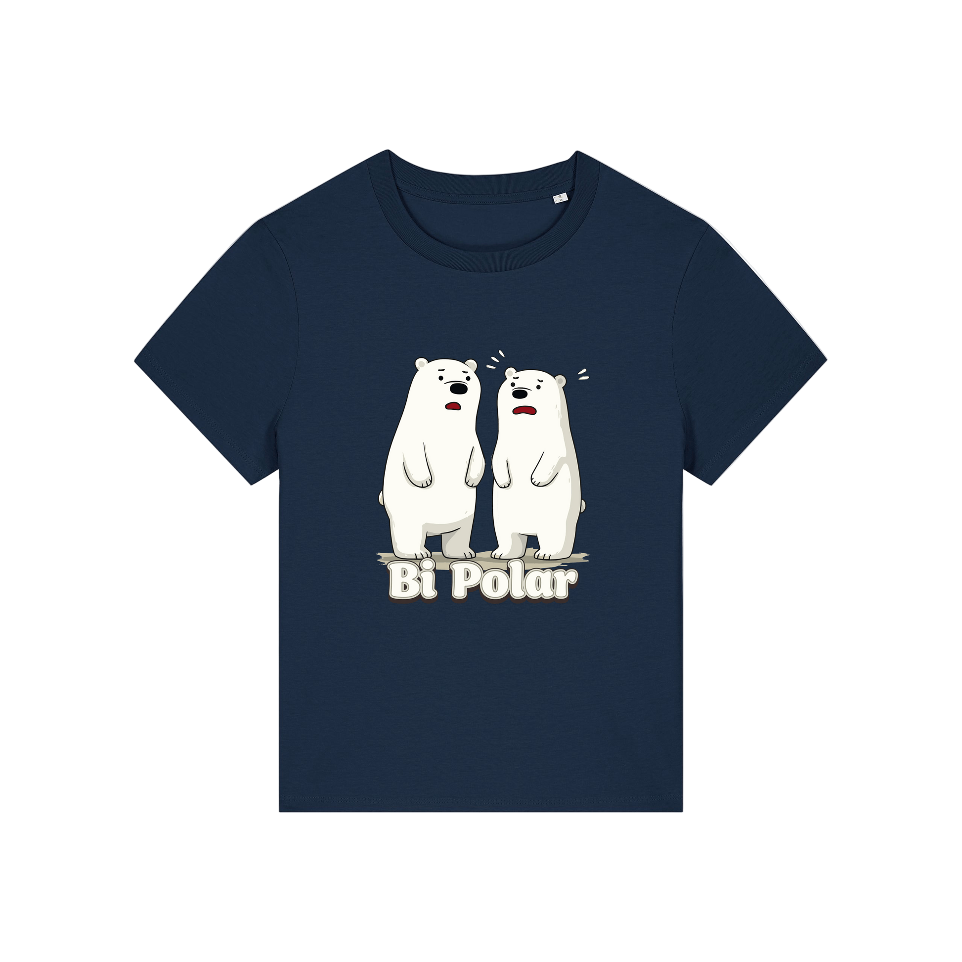 navy funny animal t-shirt with cartoon polar bears and the slogan 'Bi Polar' 