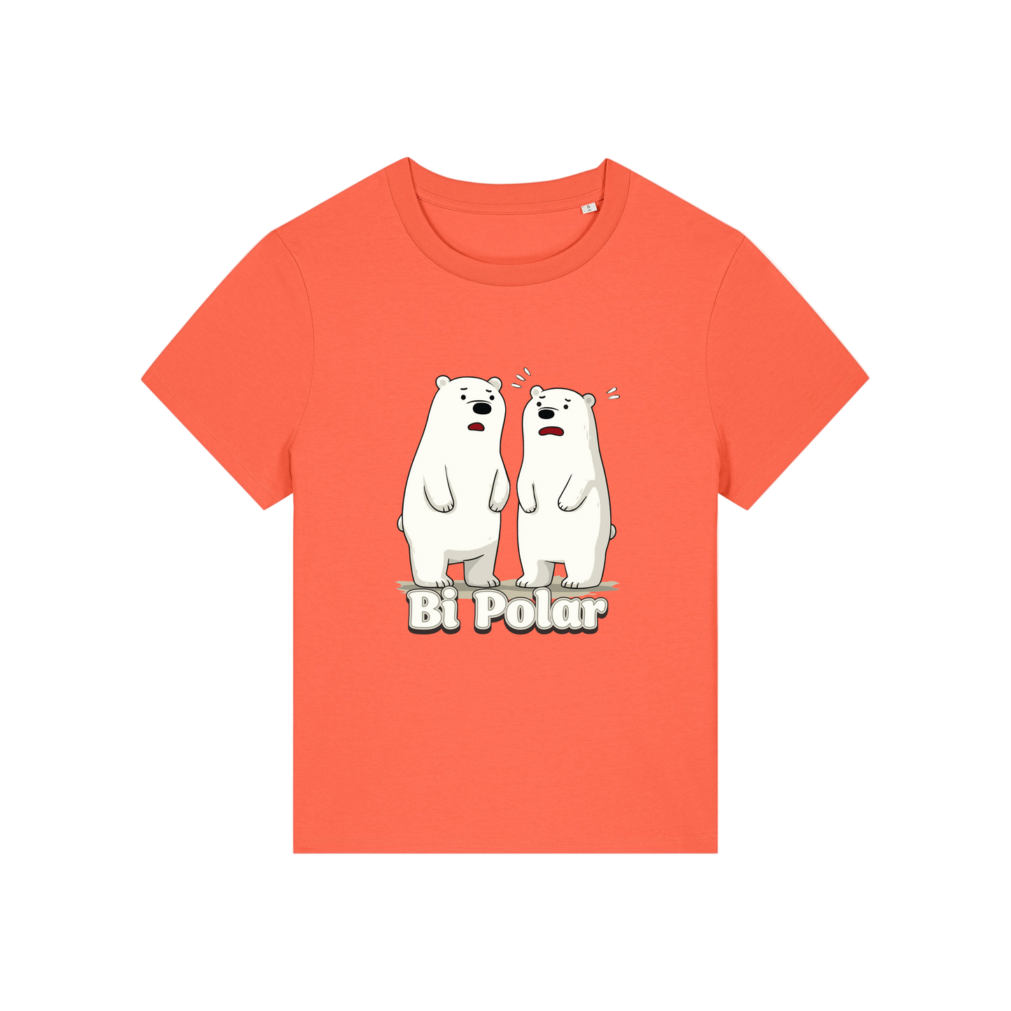 orange funny animal t-shirt with cartoon polar bears and the slogan 'Bi Polar' 