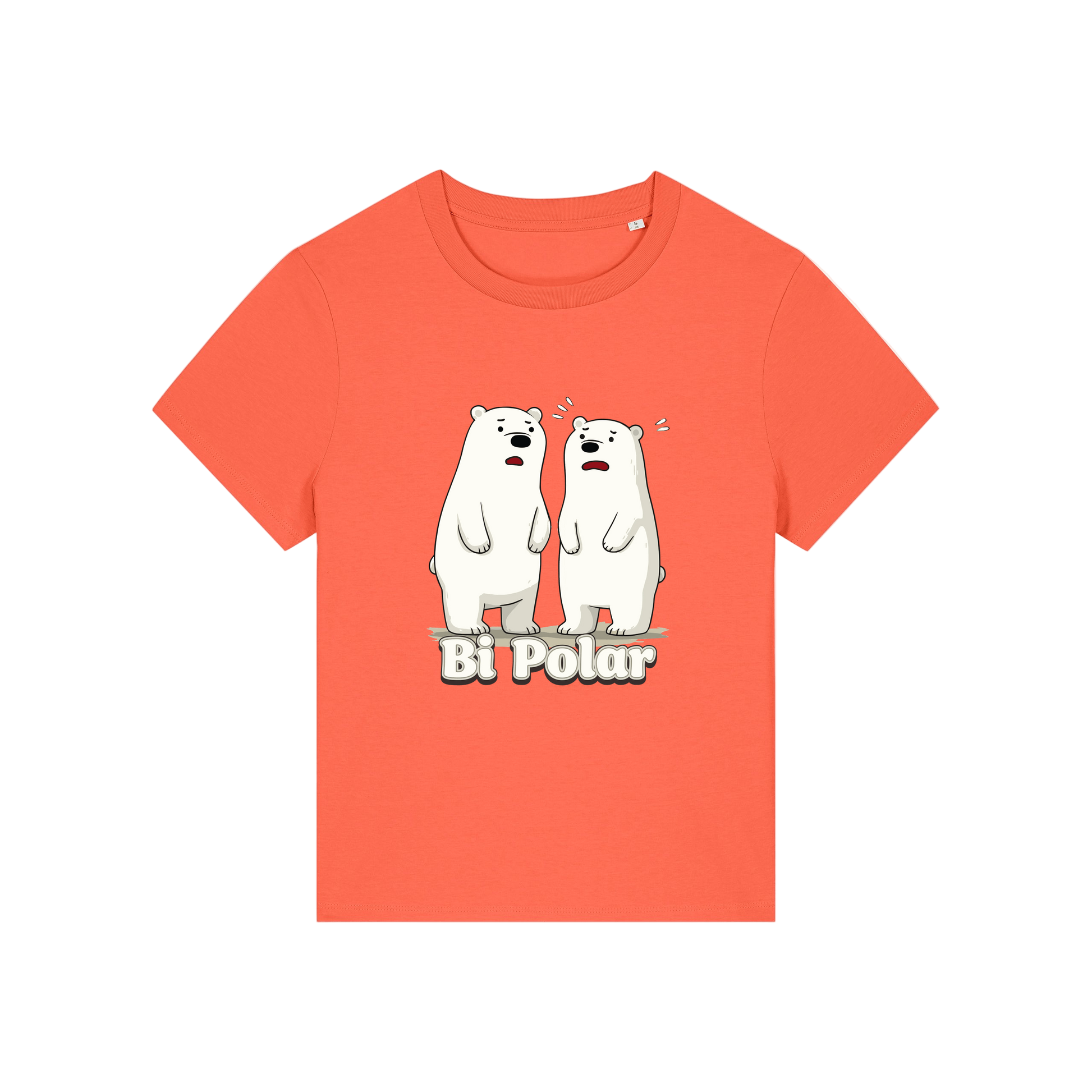 orange funny animal t-shirt with cartoon polar bears and the slogan 'Bi Polar' 