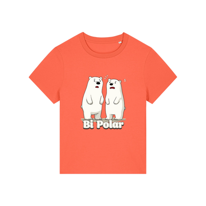 orange funny animal t-shirt with cartoon polar bears and the slogan 'Bi Polar' 