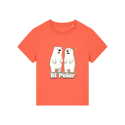 orange funny animal t-shirt with cartoon polar bears and the slogan 'Bi Polar' 