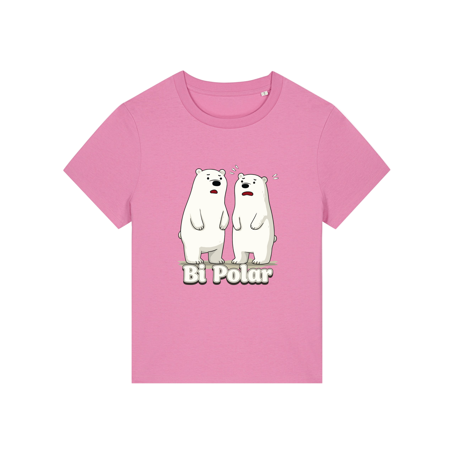pink funny animal t-shirt with cartoon polar bears and the slogan 'Bi Polar' 