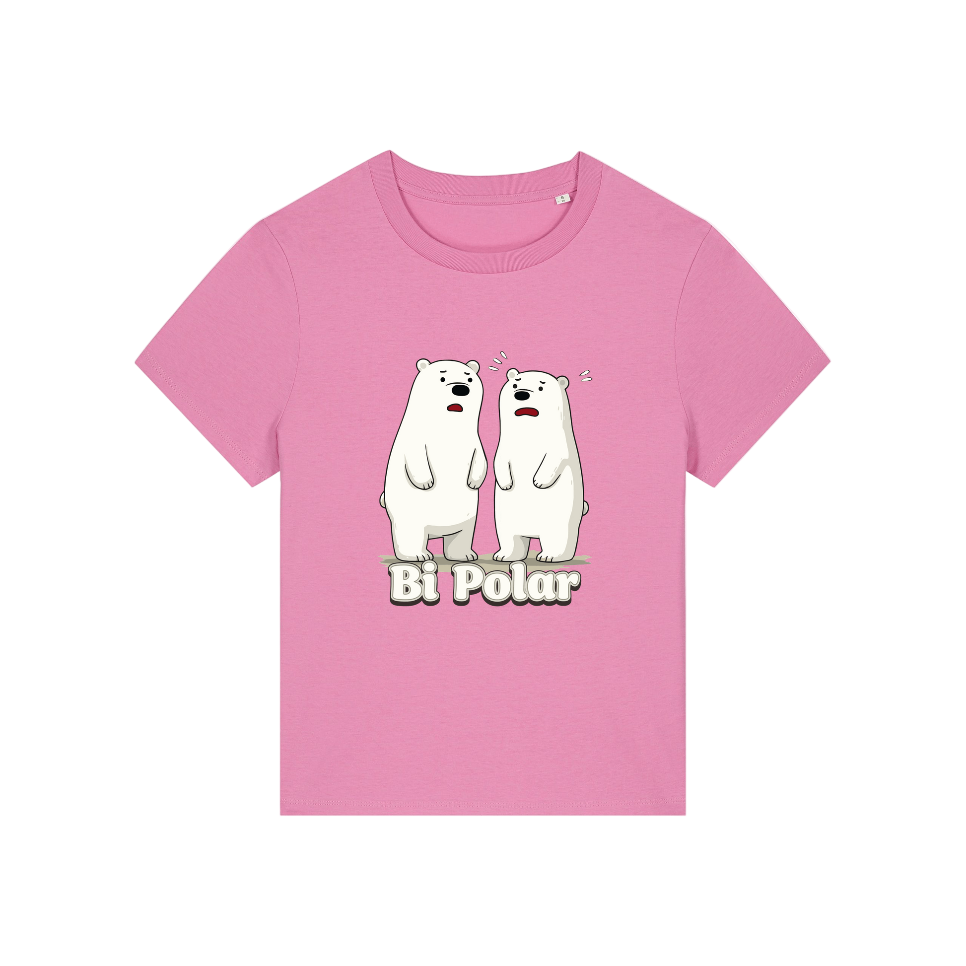 pink funny animal t-shirt with cartoon polar bears and the slogan 'Bi Polar' 
