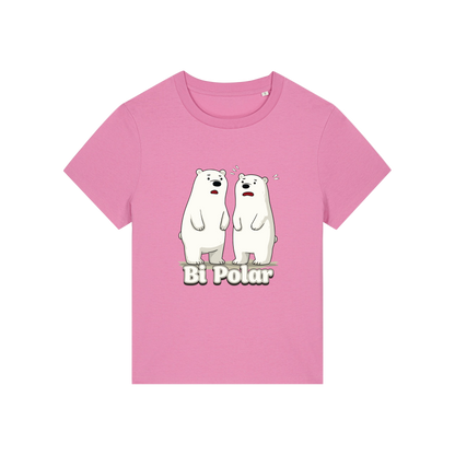 pink funny animal t-shirt with cartoon polar bears and the slogan 'Bi Polar' 