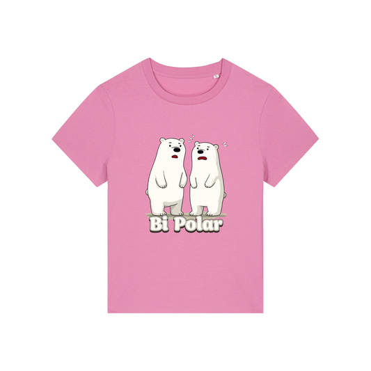 pink funny animal t-shirt with cartoon polar bears and the slogan 'Bi Polar' 