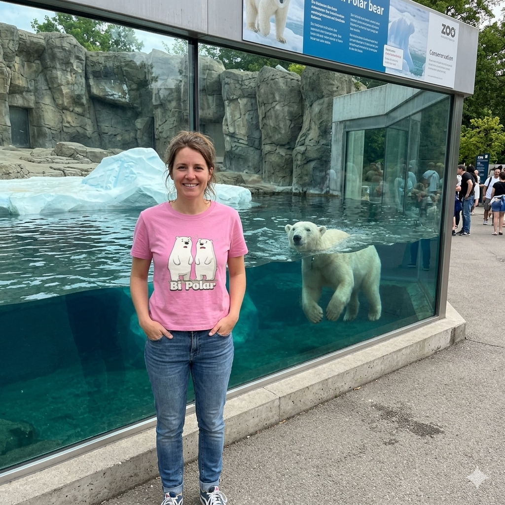 Person wearing a pink t-shirt with polar bear design in front of a zoo enclosure with a polar bear.
