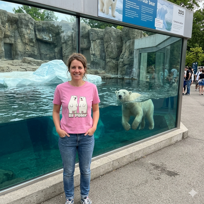 Person wearing a pink t-shirt with polar bear design in front of a zoo enclosure with a polar bear.