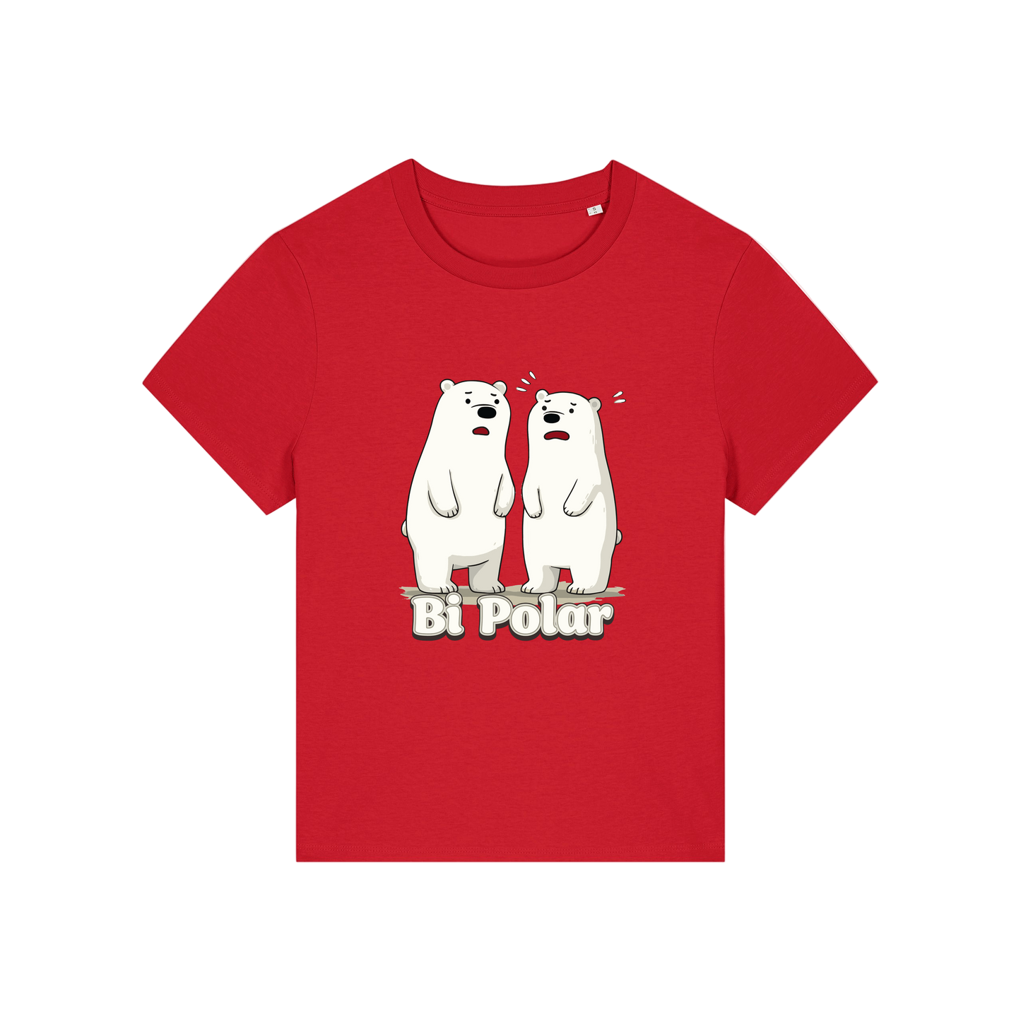 red funny animal t-shirt with cartoon polar bears and the slogan 'Bi Polar' 