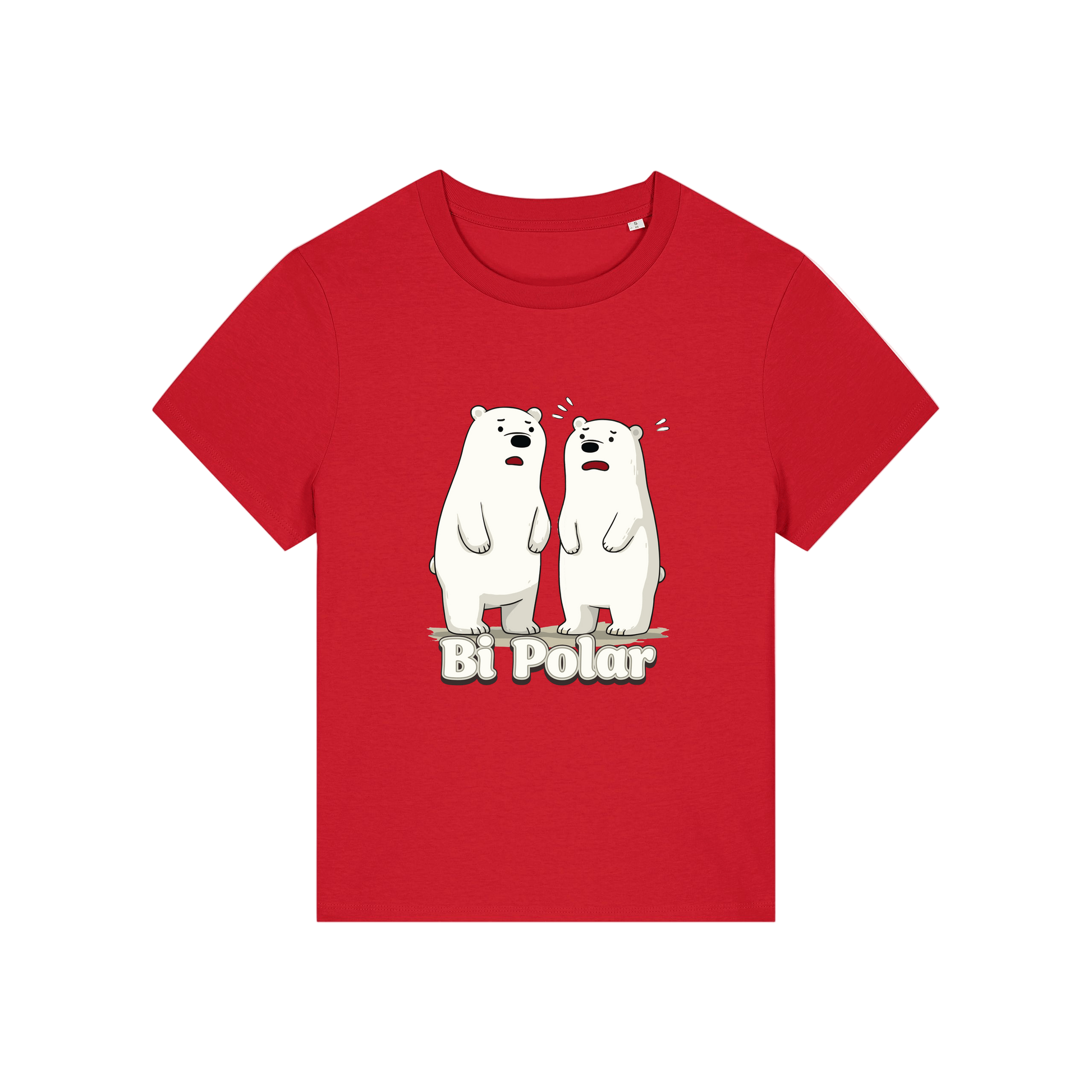 red funny animal t-shirt with cartoon polar bears and the slogan 'Bi Polar' 
