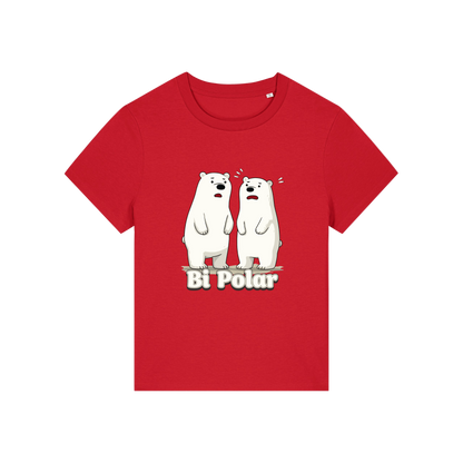 red funny animal t-shirt with cartoon polar bears and the slogan 'Bi Polar' 