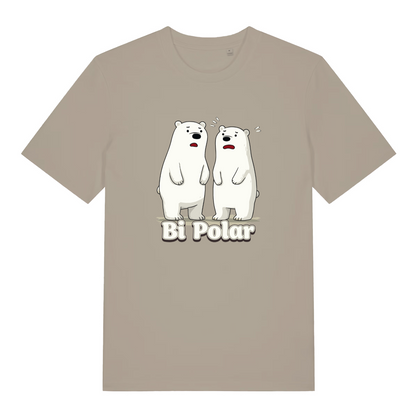 stone women's funny animal t-shirt with the graphic of two polar bears and the slogan 'bi polar'