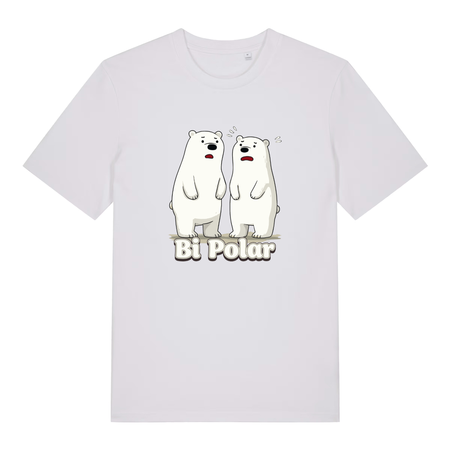 white women's funny animal t-shirt with the graphic of two polar bears and the slogan 'bi polar'