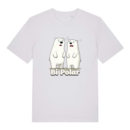 white women's funny animal t-shirt with the graphic of two polar bears and the slogan 'bi polar'