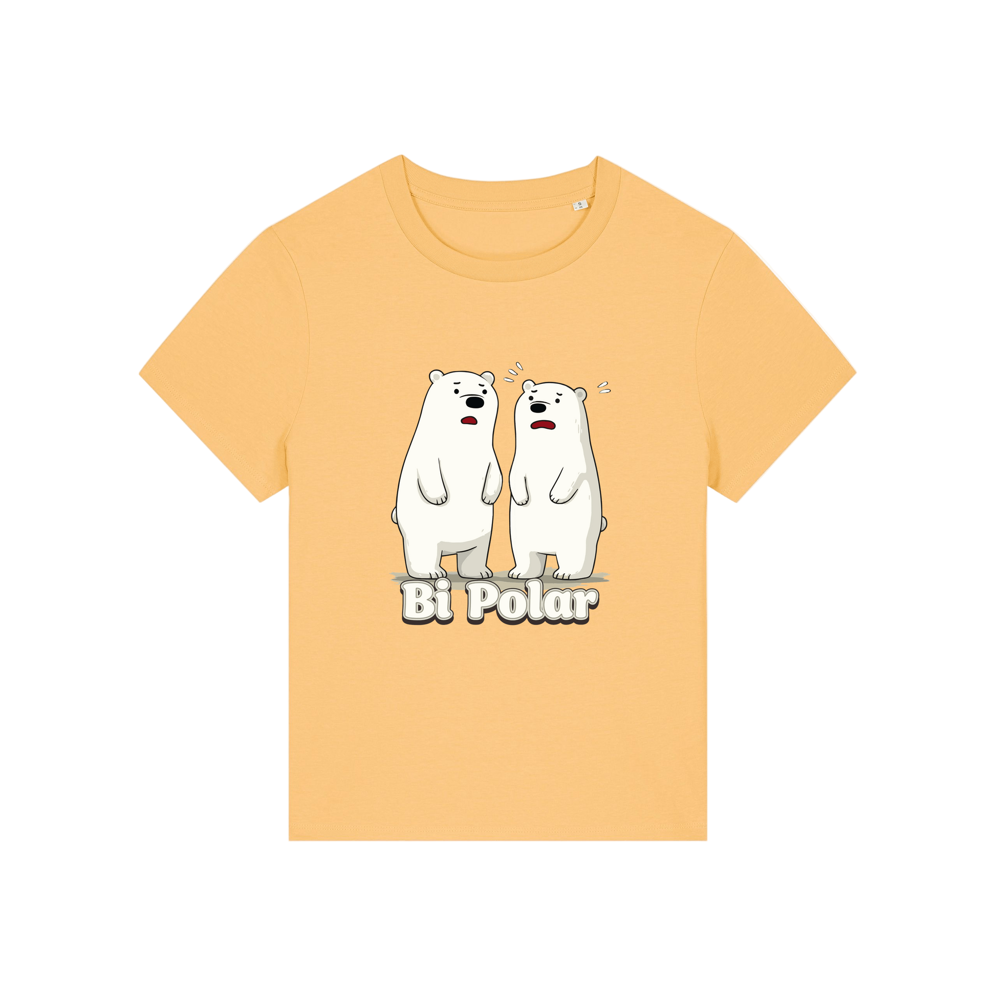 yellow funny animal t-shirt with cartoon polar bears and the slogan 'Bi Polar' 