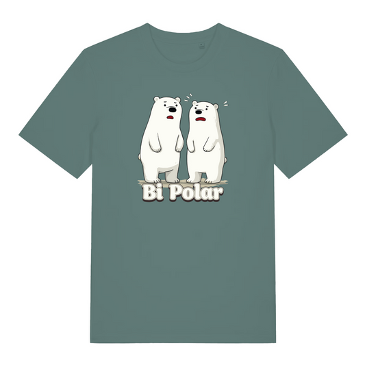 green animal t-shirt with the graphic of two polar bears and the slogan 'bi polar'