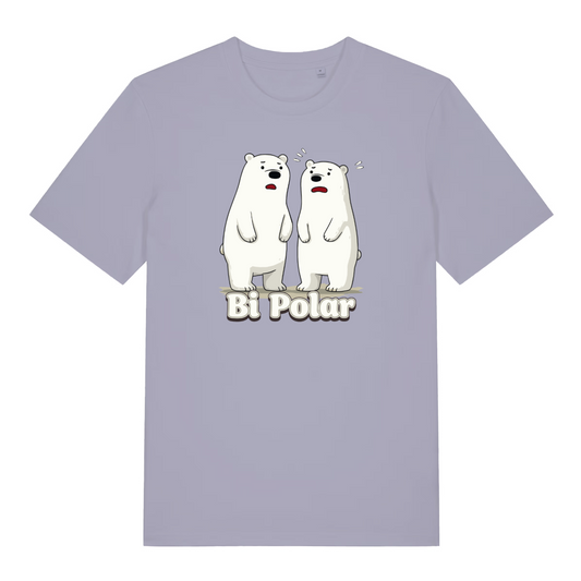 lavender animal t-shirt with the graphic of two polar bears and the slogan 'bi polar'