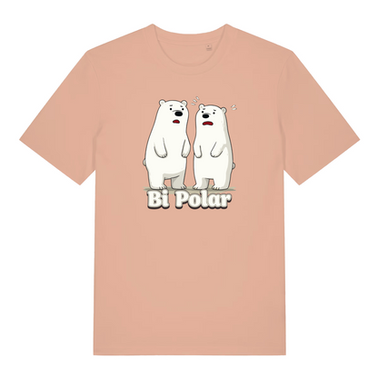 peach animal t-shirt with the graphic of two polar bears and the slogan 'bi polar'