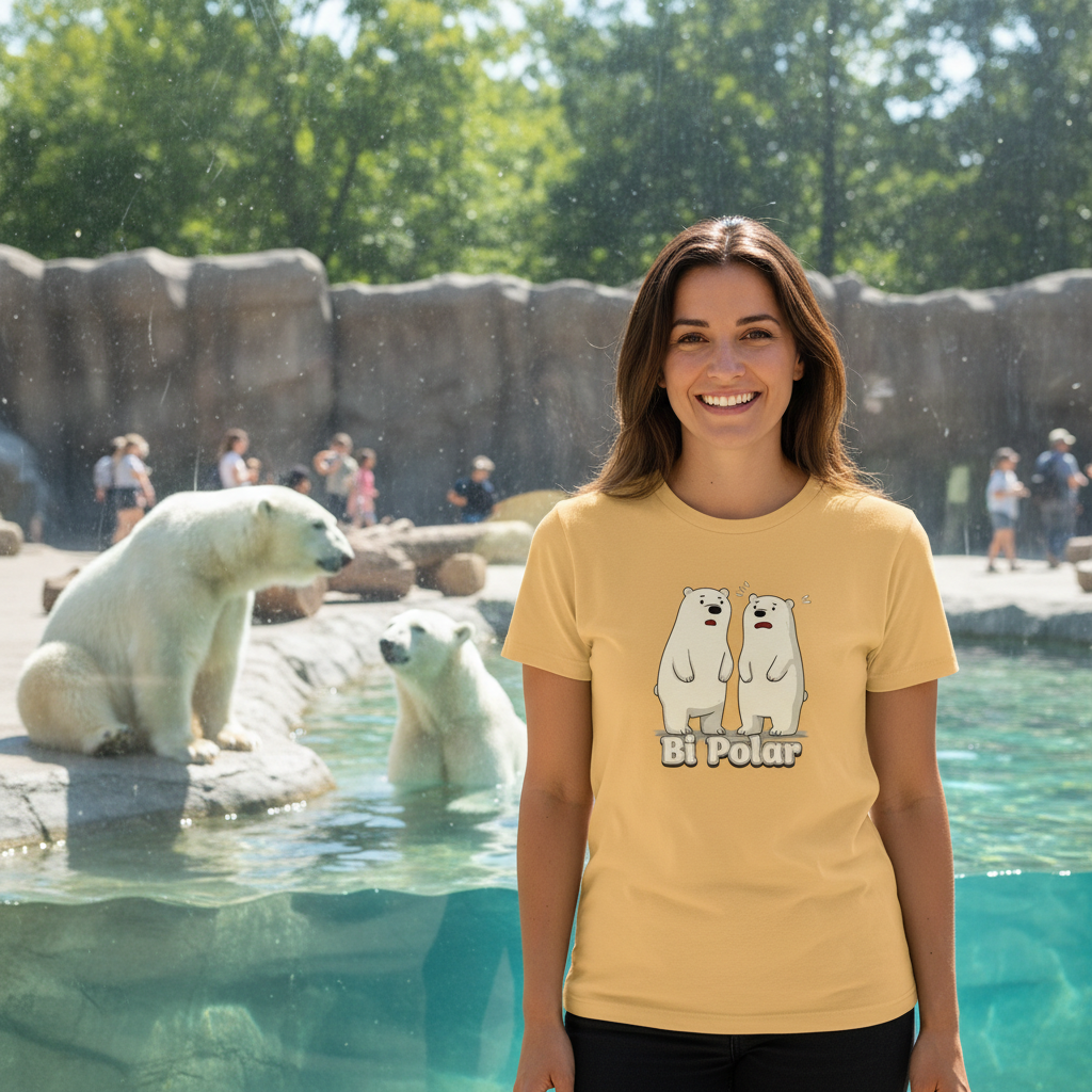 Woman wearing a yellow t-shirt with cartoon polar bears at a zoo.