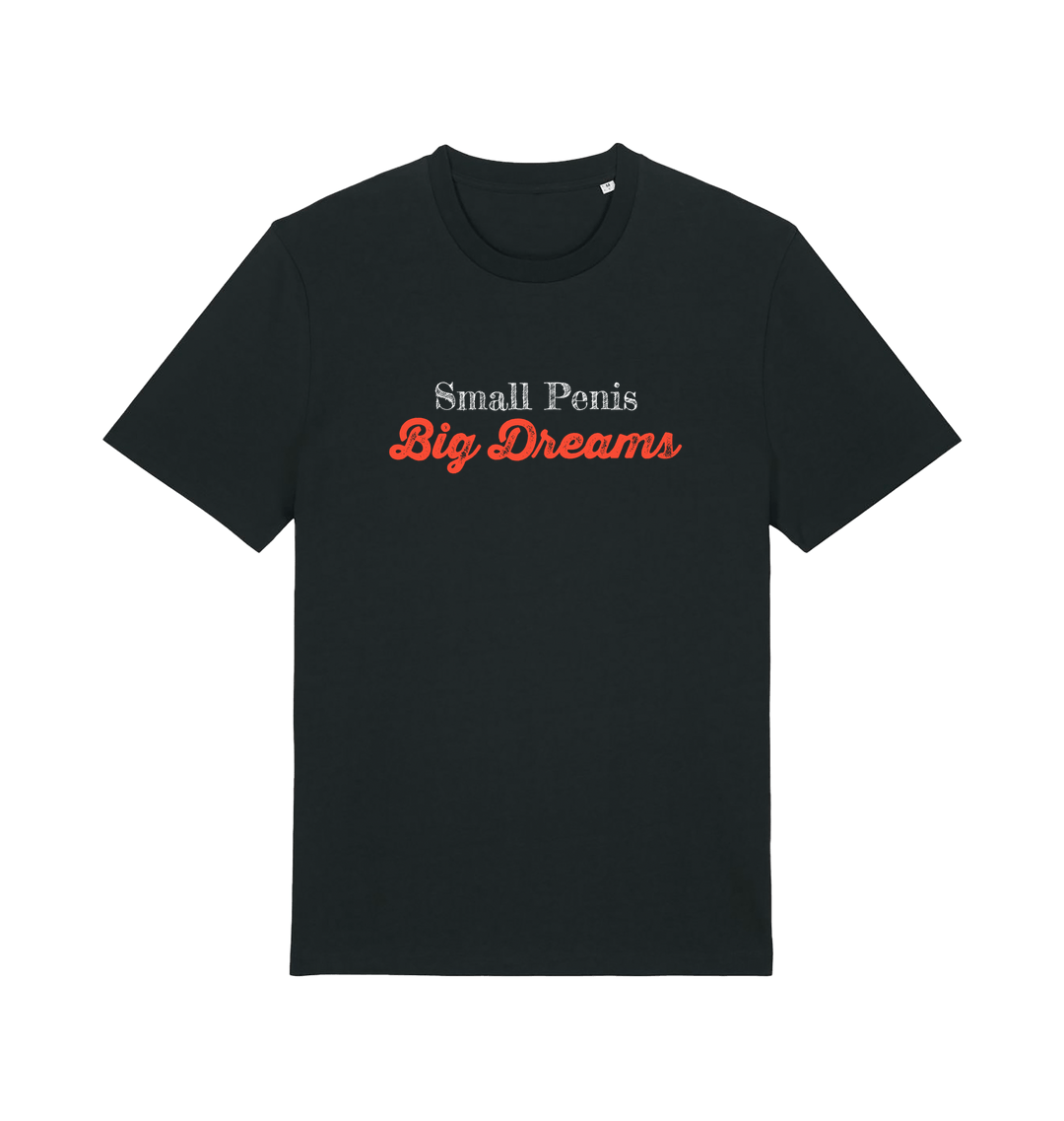 Black offensive slogan t-shirt with 'Small Penis Big Dreams' text 