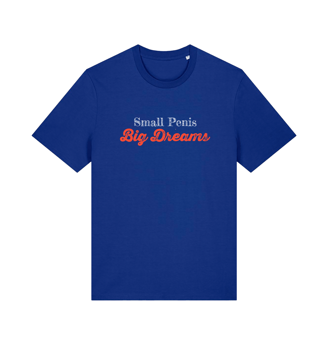 blue offensive slogan t-shirt with 'Small Penis Big Dreams' text 