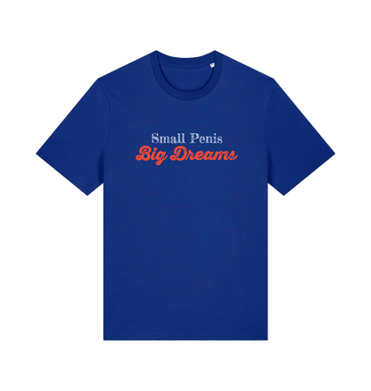 blue offensive slogan t-shirt with 'Small Penis Big Dreams' text 