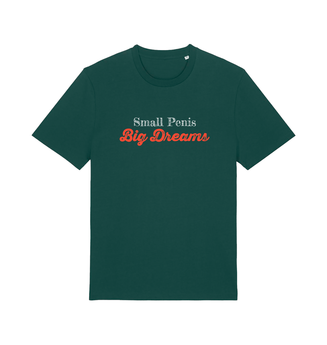 green offensive slogan t-shirt with 'Small Penis Big Dreams' text 