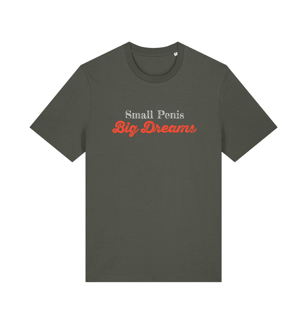 khaki offensive slogan t-shirt with 'Small Penis Big Dreams' text 