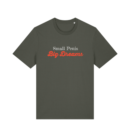 khaki offensive slogan t-shirt with 'Small Penis Big Dreams' text 