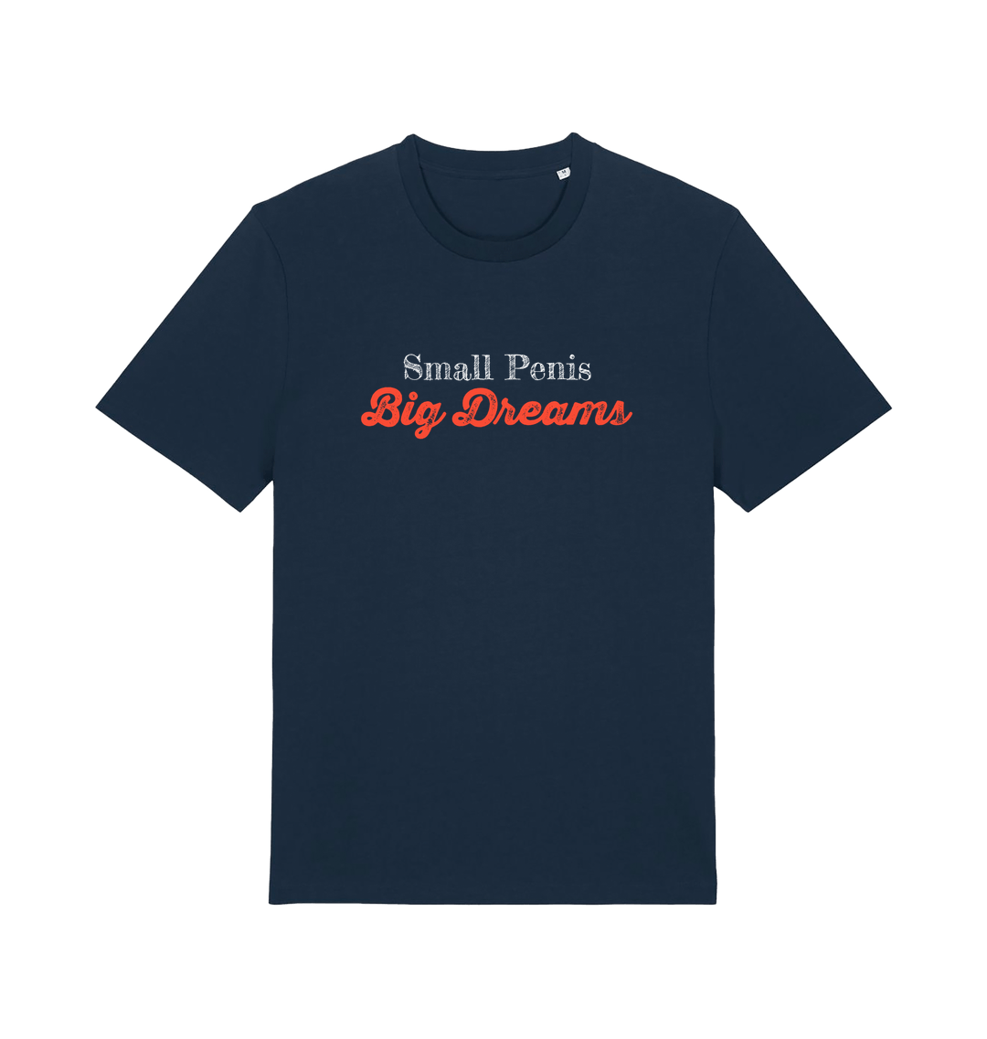 navy offensive slogan t-shirt with 'Small Penis Big Dreams' text 
