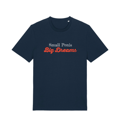 navy offensive slogan t-shirt with 'Small Penis Big Dreams' text 