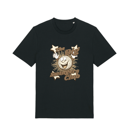 black graphic t-shirt with 'the big swingers club' and the graphic of a cartoon golf ball