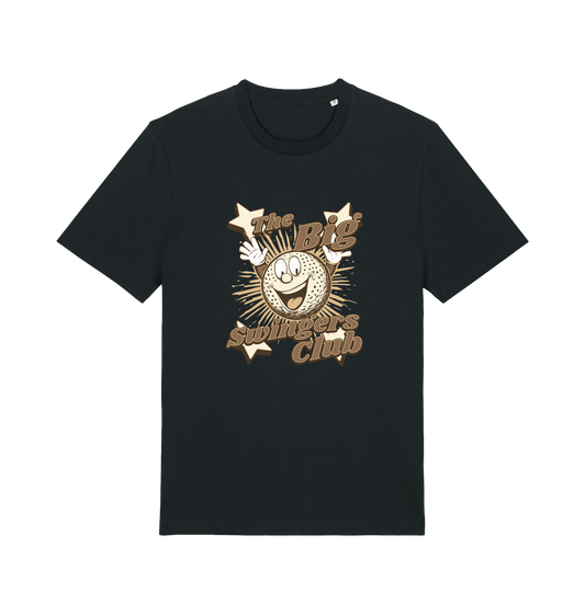 black graphic t-shirt with 'the big swingers club' and the graphic of a cartoon golf ball