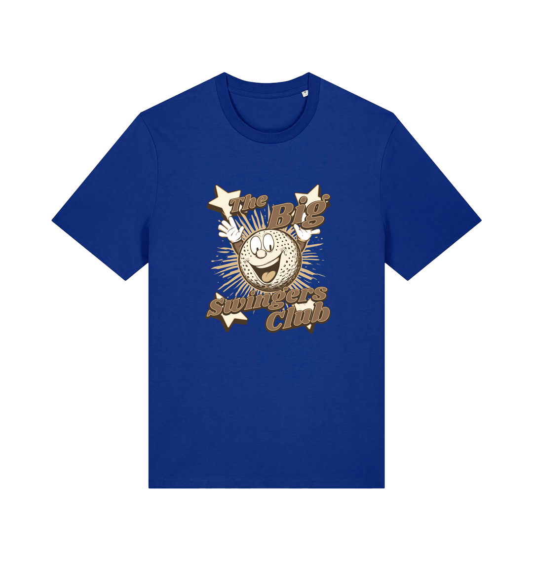 blue graphic t-shirt with 'the big swingers club' and the graphic of a cartoon golf ball