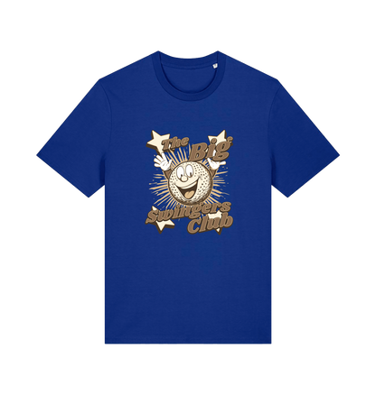 blue graphic t-shirt with 'the big swingers club' and the graphic of a cartoon golf ball