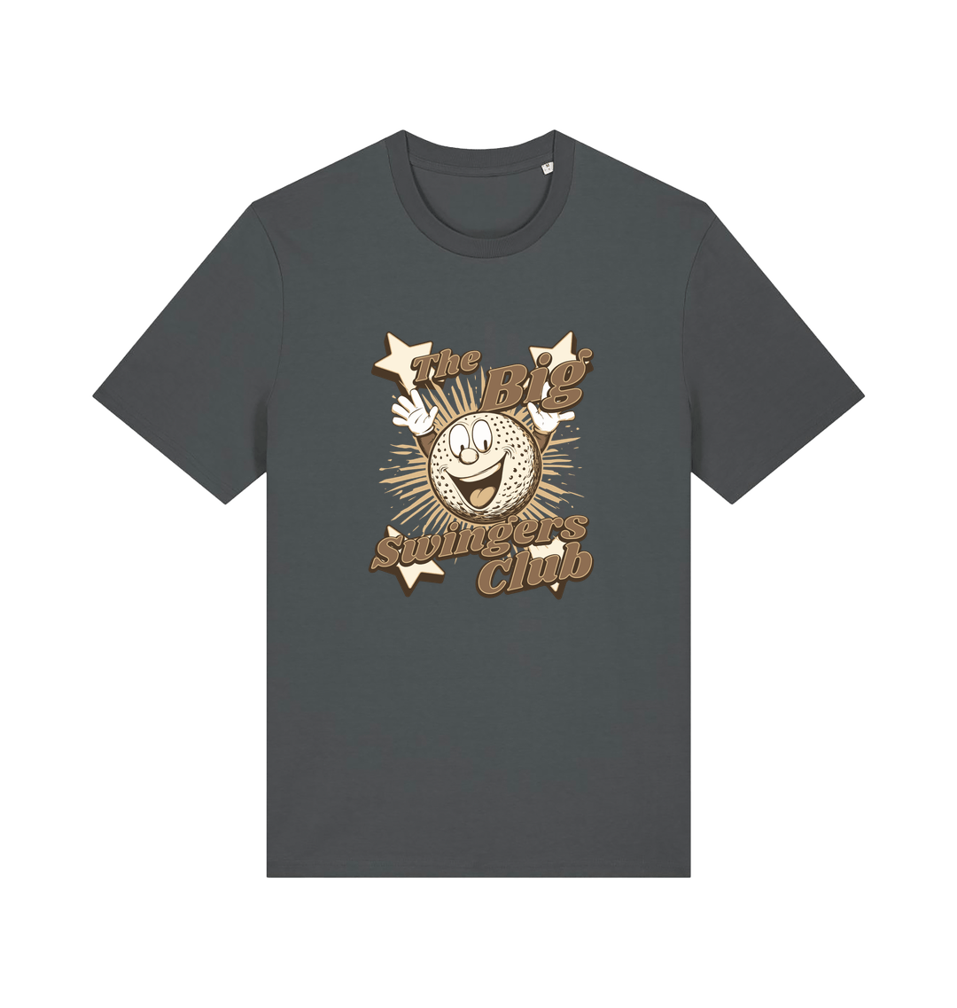gray graphic t-shirt with 'the big swingers club' and the graphic of a cartoon golf ball