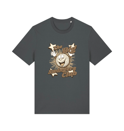 gray graphic t-shirt with 'the big swingers club' and the graphic of a cartoon golf ball