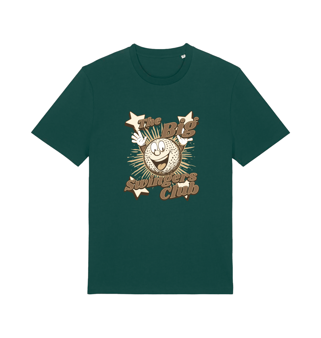 green graphic t-shirt with 'the big swingers club' and the graphic of a cartoon golf ball
