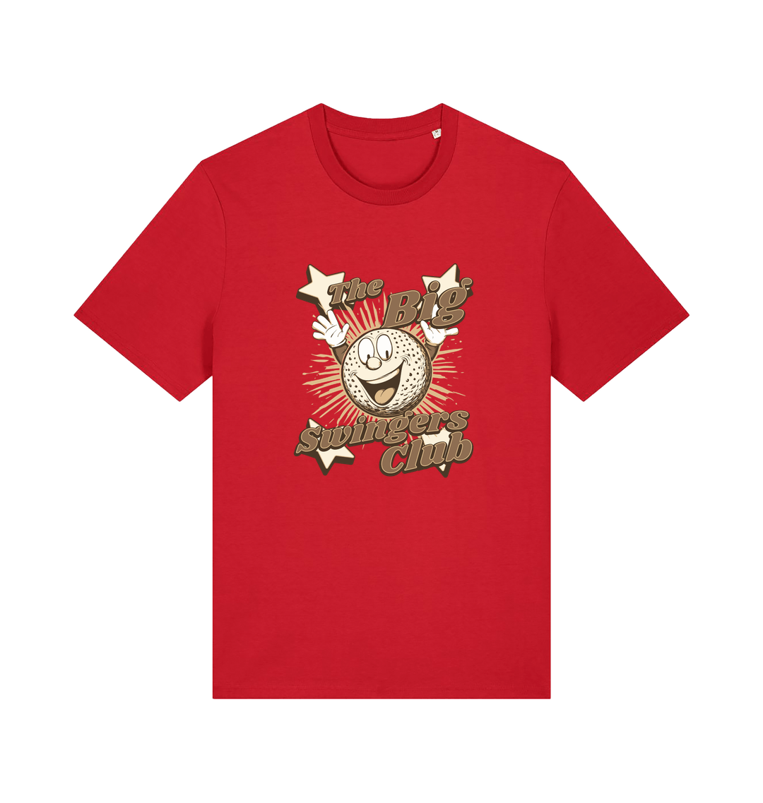 red graphic t-shirt with 'the big swingers club' and the graphic of a cartoon golf ball